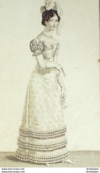 Gravure de mode Costume Parisien 1820 n°1878 Robe mousseline
