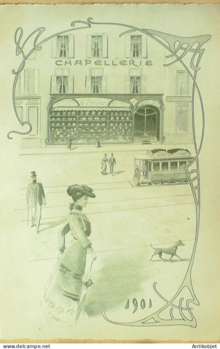 Menu vierge illustre publicitaire Chapellerie Delchard Nancy (54) 1901