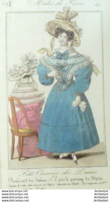 Gravure Mode Courrier des Dames 1827 #  611 (eau forte old Fashion plate)