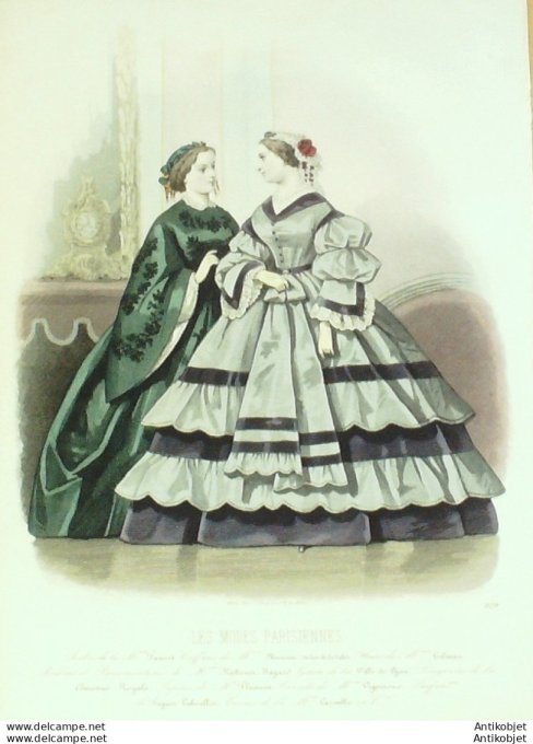 Gravure Les Modes Parisiennes 1860 # 929 Robes velours Maison Fauvet