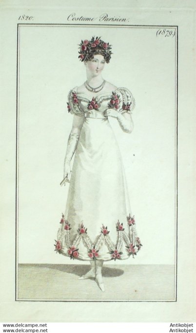 Gravure de mode Costume Parisien 1820 n°1879 Robe perkale brodée