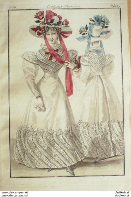 Gravure de mode Costume Parisien 1826 n°2412 Robes de mousseline volants