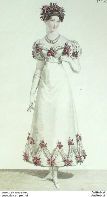 Gravure de mode Costume Parisien 1820 n°1879 Robe perkale brodée