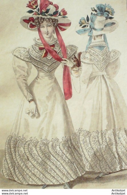 Gravure de mode Costume Parisien 1826 n°2412 Robes de mousseline volants