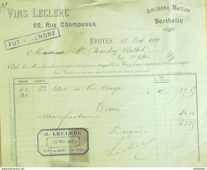 Facture Vins Leclerc (maison Berthelin) 1911 Troyes (10)