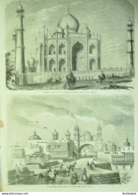 Le Monde illustré 1857 n° 25 Strasbourg (67) Pérou Lima Inde Agra Nou-Mahal Pondichéry