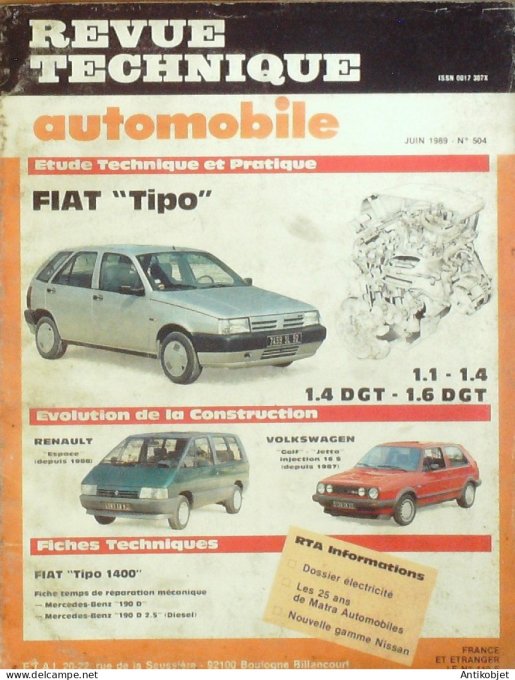 Revue Tech. Automobile 1989 n°504 Fiat Tipo Renault Espace Volkswagen Golf Jetta