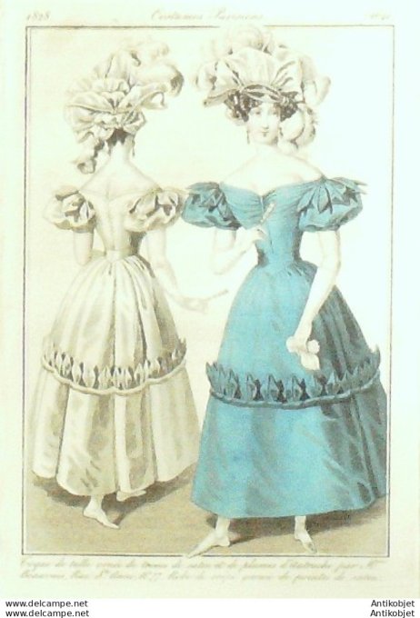Costume Parisien 1828 # 2641 Robe de crêpe garni de pointes