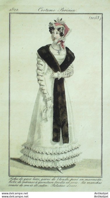 Gravure de mode Costume Parisien 1822 n°2053 Robe de mérinos à garniture brodée