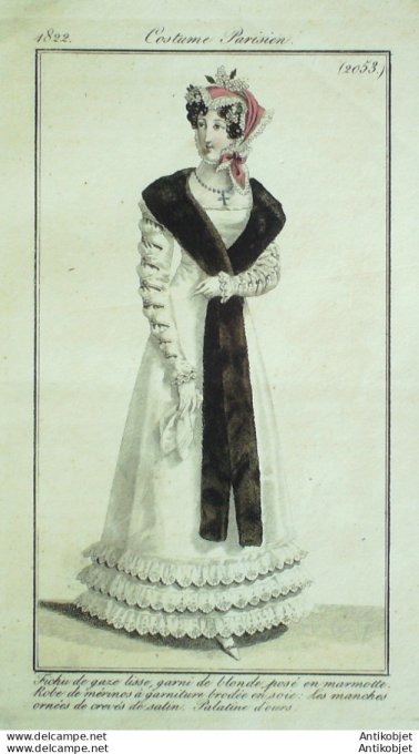Costume Parisien 1822 # 2053 Robe de mérinos à garniture brodée