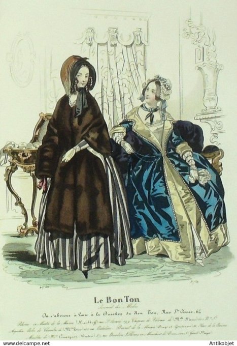 Gravure Mode Le Bon Ton 1843 # 739 (aquarelle old fashion plate)