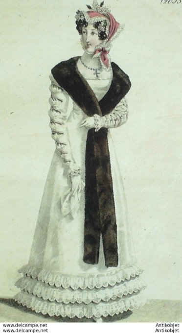 Gravure de mode Costume Parisien 1822 n°2053 Robe de mérinos à garniture brodée