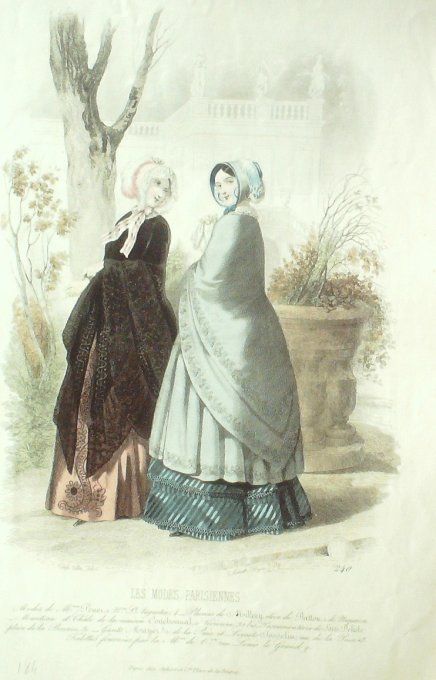 Gravure Les Modes Parisiennes 1847 # 240 Mantelets capote Maison Couchonnal
