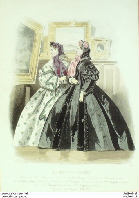 Gravure Les Modes Parisiennes 1860 # 930 Robes de loisirs Maison Fauvet