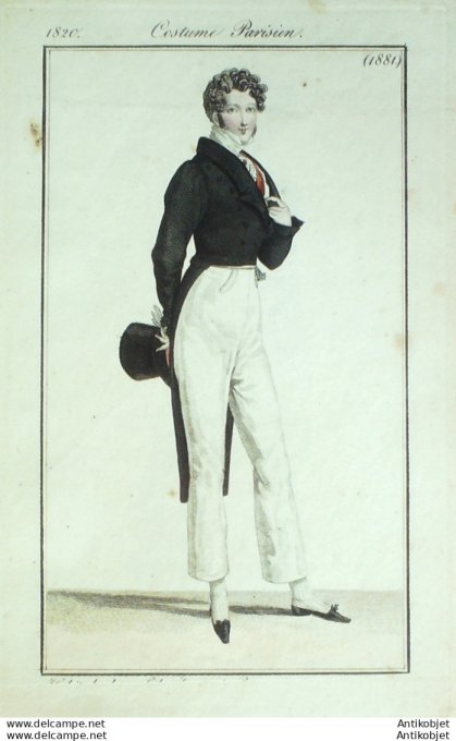 Gravure de mode Costume Parisien 1820 n°1881 Habit homme gilet élégant