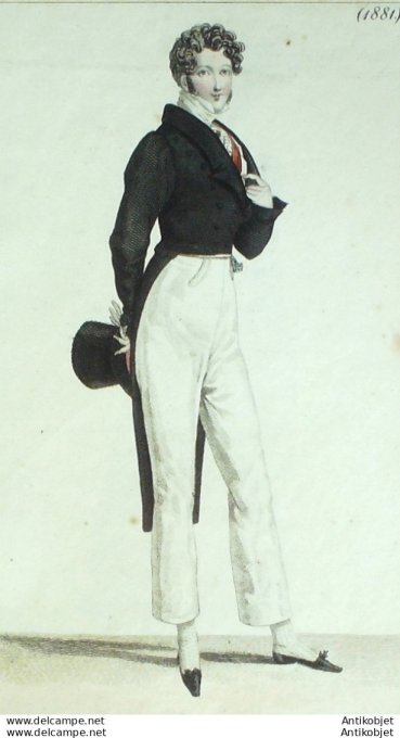 Gravure de mode Costume Parisien 1820 n°1881 Habit homme gilet élégant