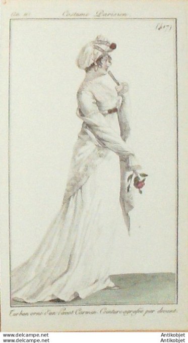Gravure de mode Costume Parisien 1802 n° 417 (An 11) Turban orné d'un Pavot