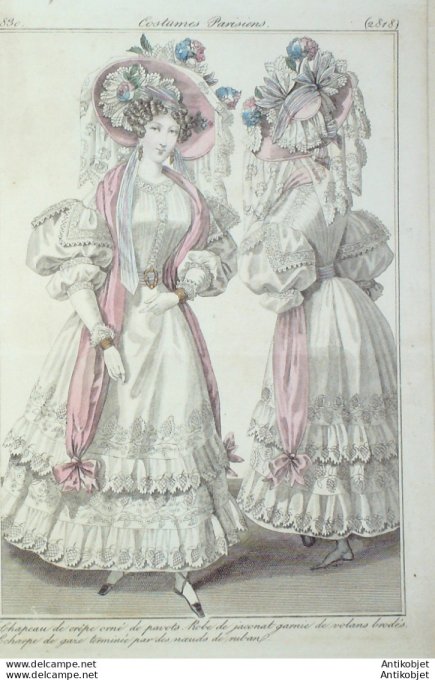 Gravure de mode Costume Parisien 1830 n°2818 Robe de Jaconat garnie de volans brodés