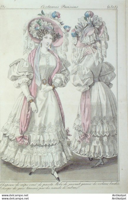 Costume Parisien 1830 # 2818 Robe de Jaconat garnie de volans brodés
