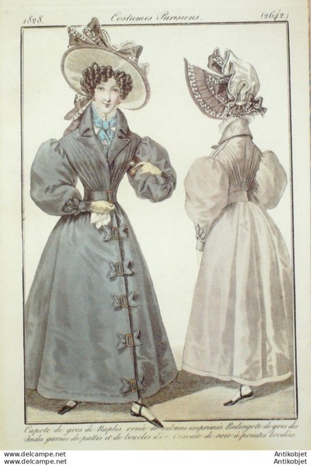Gravure de mode Costume Parisien 1828 n°2642 Redingote de gros de Naples