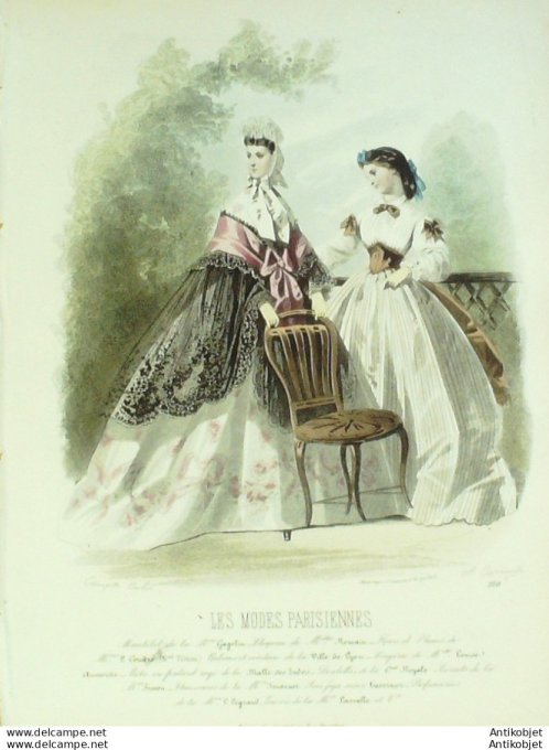 Gravure Les Modes Parisiennes 1863 #1110 Toilettes de loisirs Maison Blum