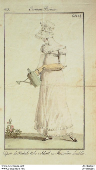 Gravure de mode Costume Parisien 1813 n°1322 Robe à Schall en mousseline