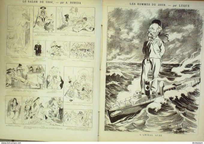 La Caricature 1886 #335 Croquis militaires Caran d'Ache Amiral Aube par Luque  Draner Trock