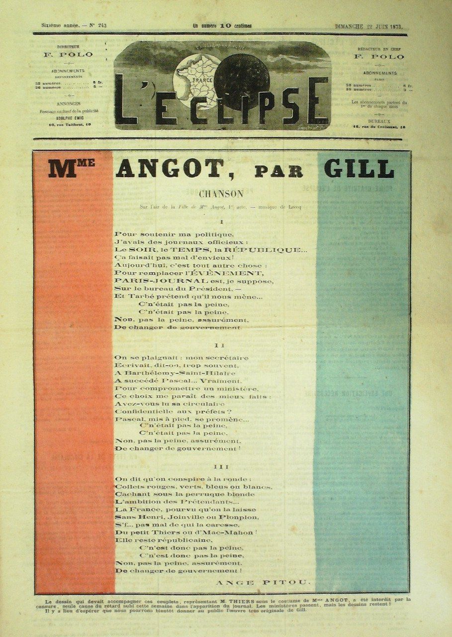 L'Eclipse 1873 n°243 Mme ANGOT Opéra André GILL