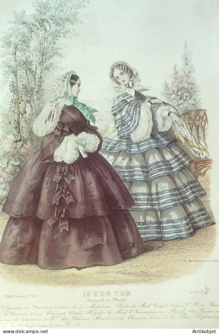 Gravure Mode Le Bon Ton 1857 23 #  9b (aquarelle old fashion plate)