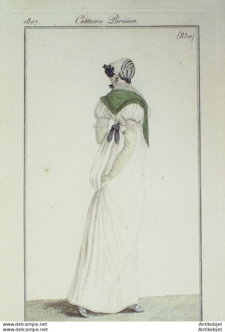 Gravure de mode Costume Parisien 1807 n° 830 Bouffante au dessus du fichu