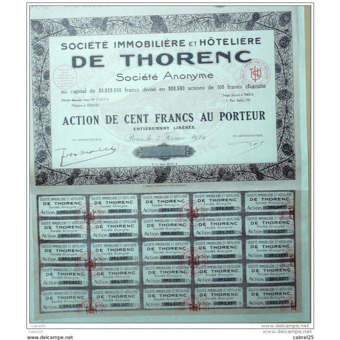 SOCIETE IMMOBILIERE et HOTELIERE de THORENC (06)-ACTION-100 FR-1929