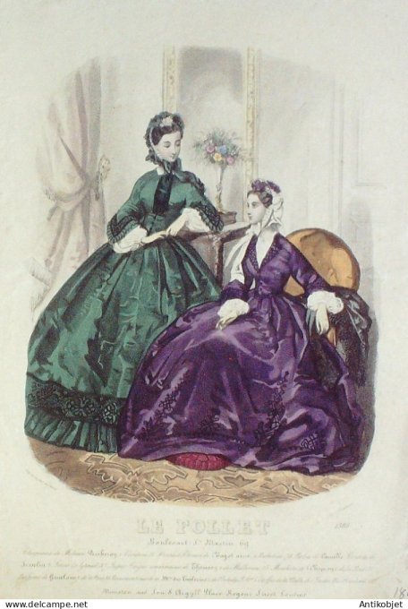 Gravure Mode Le Follet 1863 # 2386 (aquarelle Old Fashion plate)