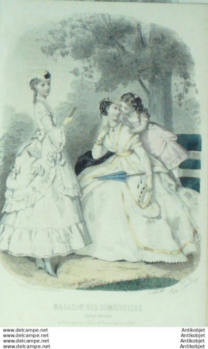 Gravure Mode Magasin Demoiselles 1868 #  7 (aquarellee Old Fashion plate)