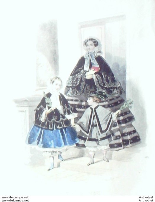 Gravure Les Modes Parisiennes 1851 # 681 Costumes enfants Maison Royer