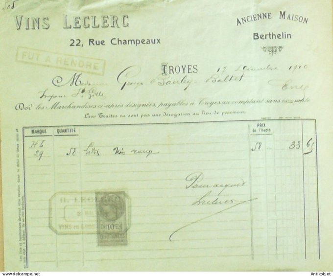 Facture Vins Leclerc (maison Berthelin) 1910 Troyes (10)
