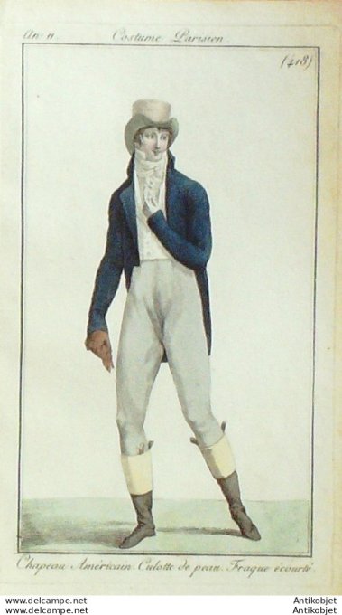 Gravure de mode Costume Parisien 1802 n° 418 (An 11) Culotte de peau Fraque