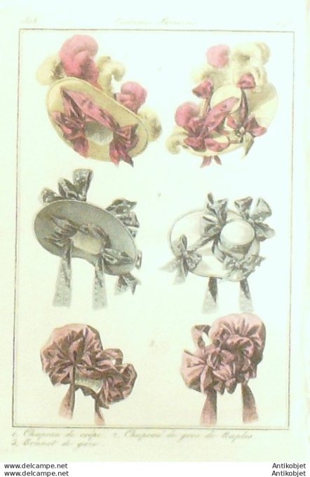 Costume Parisien 1828 # 2643 Chapeaux de crêpe bonnet de gaze