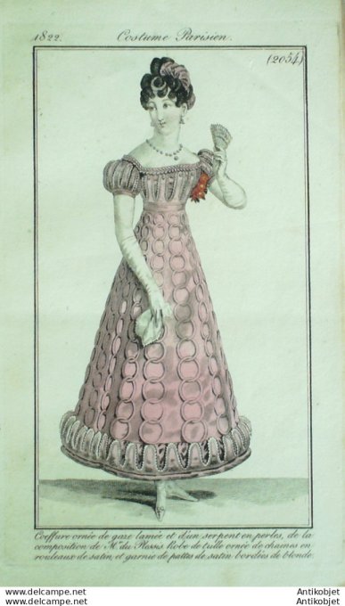 Gravure de mode Costume Parisien 1822 n°2054 Robe de tulle ornée de chaines