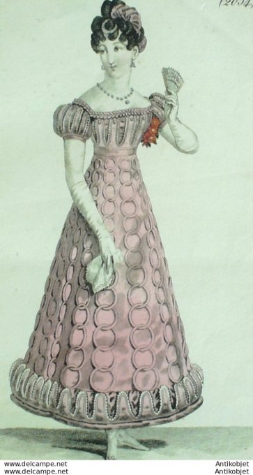 Gravure de mode Costume Parisien 1822 n°2054 Robe de tulle ornée de chaines