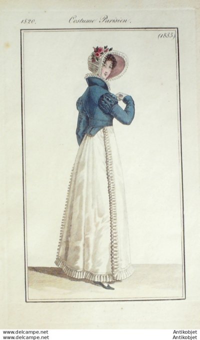 Gravure de mode Costume Parisien 1820 n°1885 Redingote garnie de gances et d'olive