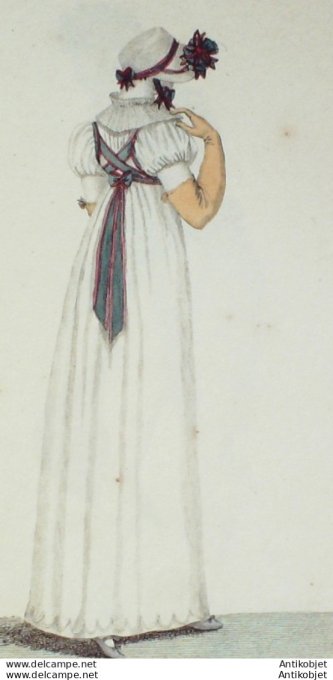 Gravure de mode Costume Parisien 1807 n° 831 Petit casque de paille