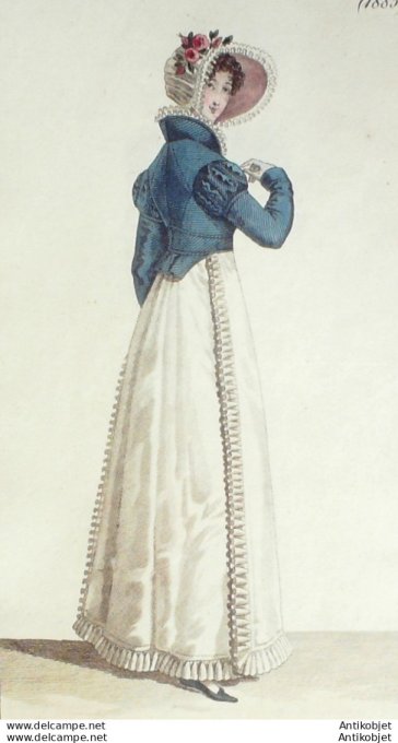 Gravure de mode Costume Parisien 1820 n°1885 Redingote garnie de gances et d'olive