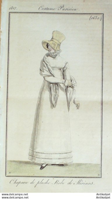 Gravure de mode Costume Parisien 1817 n°1630 Robe de mérinos