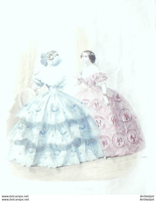 Gravure Les Modes Parisiennes 1851 # 682 Robes dentelles Maison Fauvet