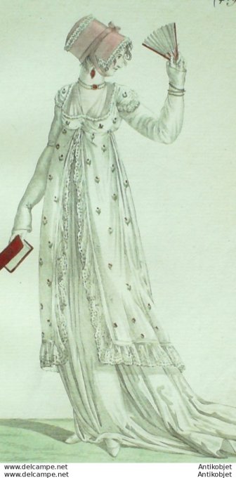 Gravure de mode Costume Parisien 1802 n° 419 (An 11) Capote de Florence Tunique