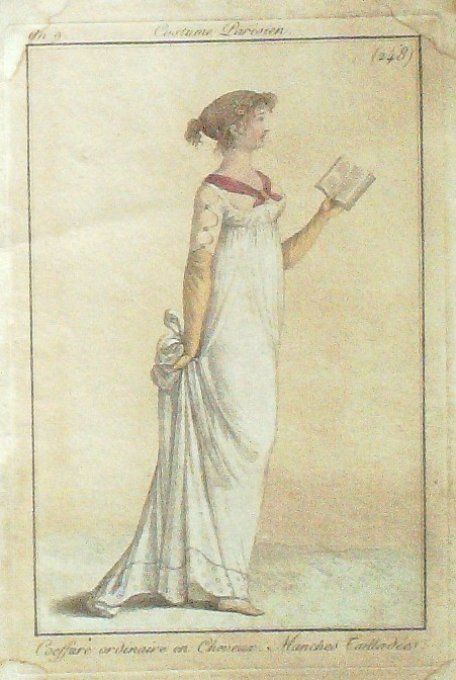 Costume Parisien 1800 an 8 # 248 (eau forte) Manches tailladées coiffure en cheveux