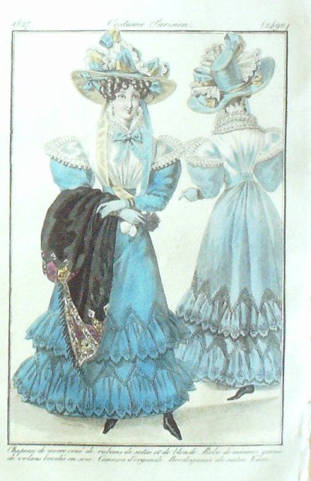 Gravure Mode Costume Parisien 1827 # 2490 (eau forte old Fashion plate