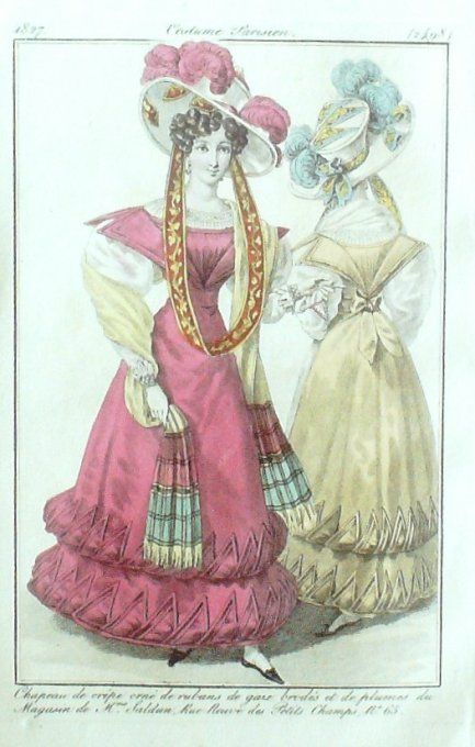 Gravure Mode Costume Parisien 1827 # 2498 (eau forte old Fashion plate
