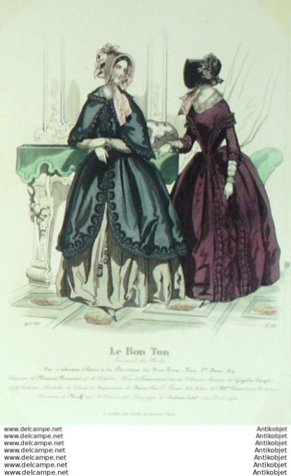 Gravure Mode Le Bon Ton 1843 # 731 (aquarelle old fashion plate)