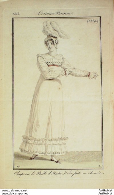 Gravure de mode Costume Parisien 1813 n°1339 Robe faite en chemise